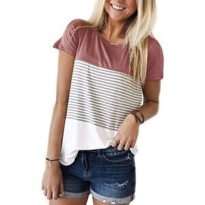 🆕Women’s Pink Cotton Striped T-Shirt Triple Color Block Short Sleeve Casual Top